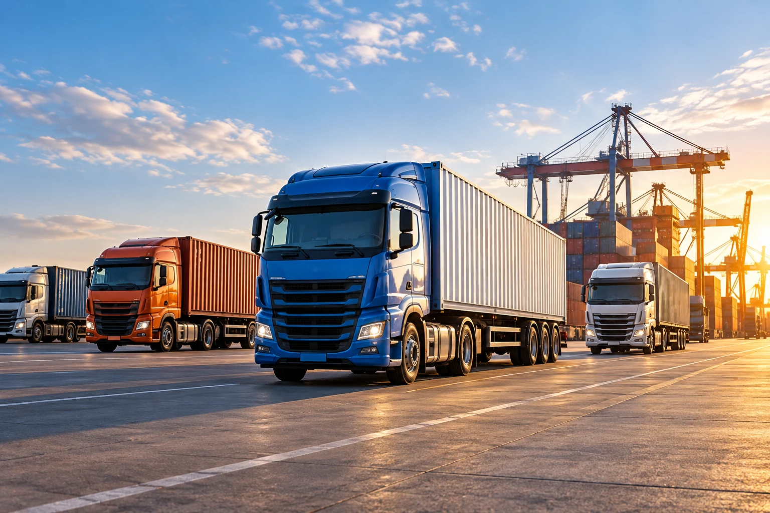 Illustrative container trucks and port logistics