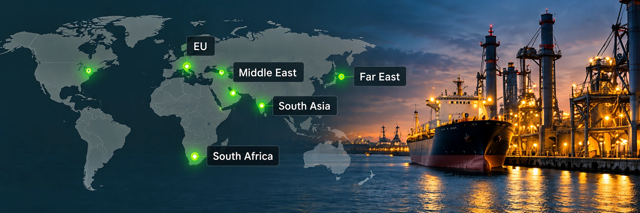 World map highlighting key markets beside an illuminated cargo port